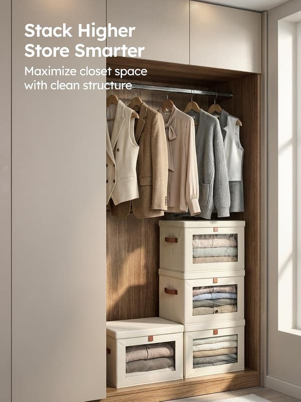 Foldable Storage Boxes 2/4/6 pcs, Fabric Bins with Handles and Window for Wardrobe and Shelf Beige 6 Pack