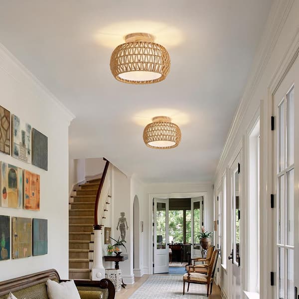 31 cm Boho Rattan Flush Mount Taklampa, Handvävd Korgkrona för Sovrum, Hall, Entré, Lantgård Khaki Bulbs Not Included