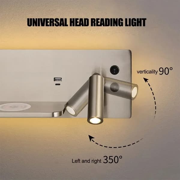 Multifunktionel LED-væglampe med sengelampe, trådløs oplader, USB-port og hylde til soveværelse og læsning White Left