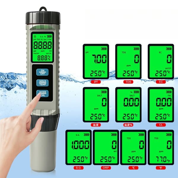 8-i-1 Vandkvalitetstester Pen, TDS/EC/pH/Temperatur/ORP/CL/Saltholdighed Multifunktionel Digital Vandtestmåler