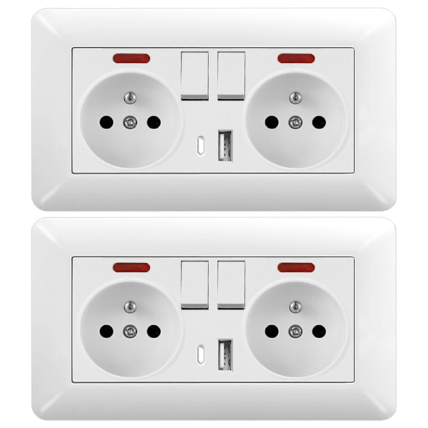 1/2 pcs Double Wall Socket 16A with 2 Switches, LED, USB and Type C – Modern Built-in Power Outlet 2-Pack