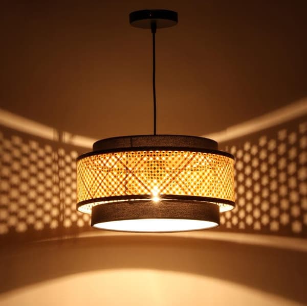 Hængelampe i bambusdesign, loftlampe Ø40 cm E27, moderne lampe til stue og spisestue