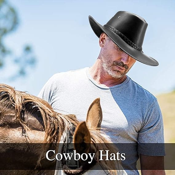Cowboyhatte til mænd og kvinder, Western Læder Outback Bred Skygge Regnhat Black