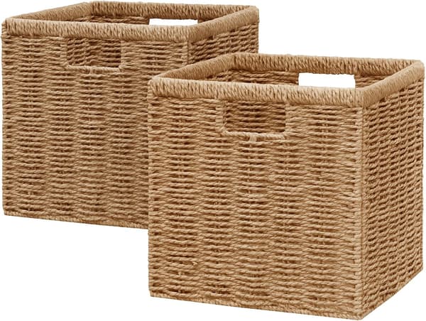 2-pack Woven Storage Baskets, Foldable Storage Boxes 24x24x24/27x27x27 cm, Braided Baskets for Home & Wardrobe Camel 24x24x24cm