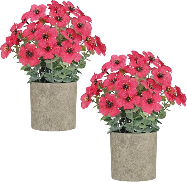2-Pack Artificial Potted Plants – Small Fake Plants with Daisy & Eucalyptus, Artificial Flowers Home Decor Rose Red
