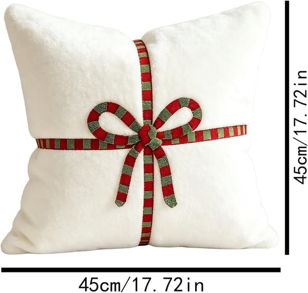 Julepudebetræk 45x45 cm, Blødt Pudebetræk med Julesløjfe, Dekoration til Sofa, Seng, Stol og Stue White 1PC