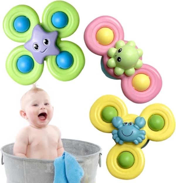 Badelegetøj til Baby 3-pak, Sugekop Spinner med Havdyr, Sensorisk Drejelegetøj til Badekar, Fidget Legetøj til Småbørn