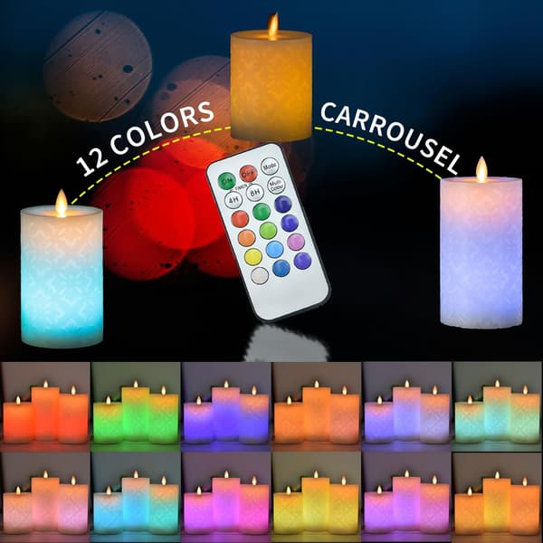 3-pack Color Changing Flameless LED Pillar Candles with 18-Key Remote Control, Timer, and Flickering Flame