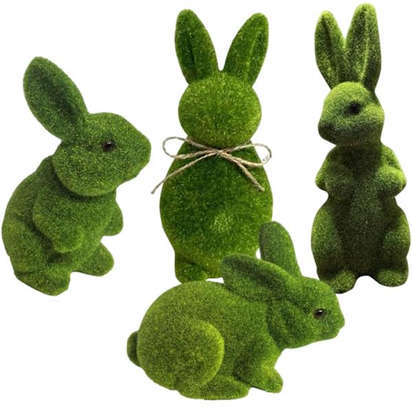 4-Pack Easter Bunny Figurines Flocked – Easter Decoration Rabbit Green, Easter Decor for Table, Shelf, Garden & Home