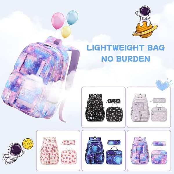 Skolerygsæk til Piger 3-delt Sæt med Madkasse og Kawaii Design Blå