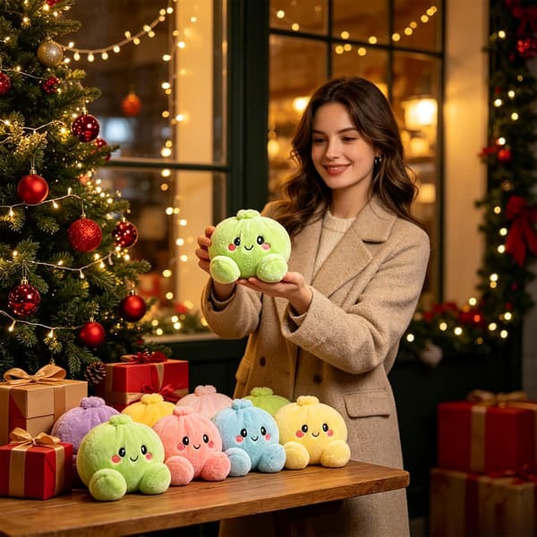 Dumpling Squishy i blødt plys, 15 cm, klemmelegetøj og fidget-legetøj i dumpling-form med dampkurv, lilla og gul