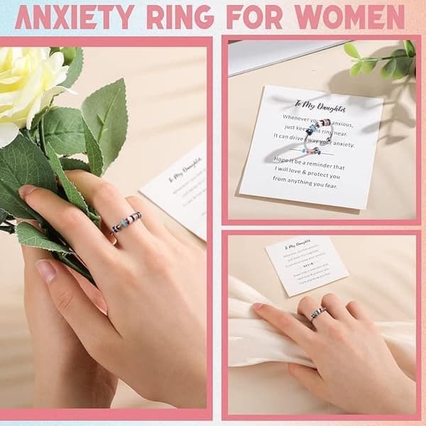 Ringe i rustfrit stål, justerbar anti-stress ring med perler, spinnerring til angstlindring