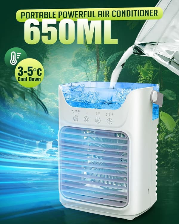 Bærbar luftkjøler, 3-i-1 bordvifte med 700 ml tank, 3 hastigheter, LED-lys, 6-timers timer