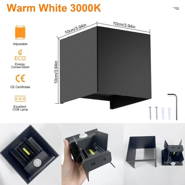 2-pack 12W LED Indoor/Outdoor Wall Lights, 3000K Warm White, IP65, Motion Sensor, Adjustable Light Angle