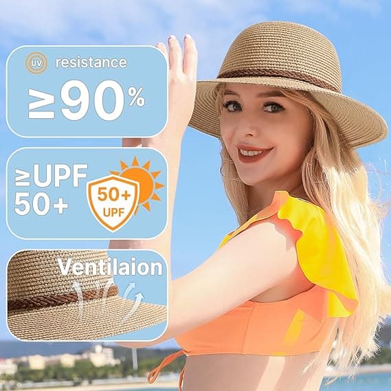 Strandhatte til kvinder - 33 cm solhat til kvinder, bredskygget stråsolhat til kvinder med vindstrop, sammenfoldelig UV-beskyttelse Beige