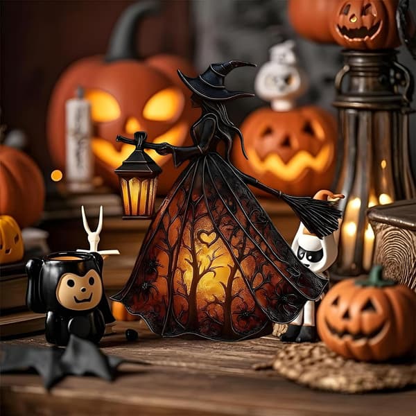 Halloween Witch Hat Table Lamp, Gothic LED Night Light, USB Powered Decorative Lamp for Home, Shelf, and Table, 16 cm