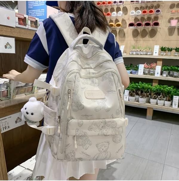 Girls' Backpack with Bear Pattern, Cute Nylon Backpack with Bear Pendant, Spacious Everyday and Travel Backpack 47x32x19 cm Grey