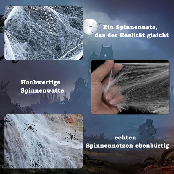 Halloween-dekorasjon, 60g spindelvev med 30 stk. plastedderkopper, elastisk spindelvev for innendørs og utendørs bruk, værbestandig 60g
