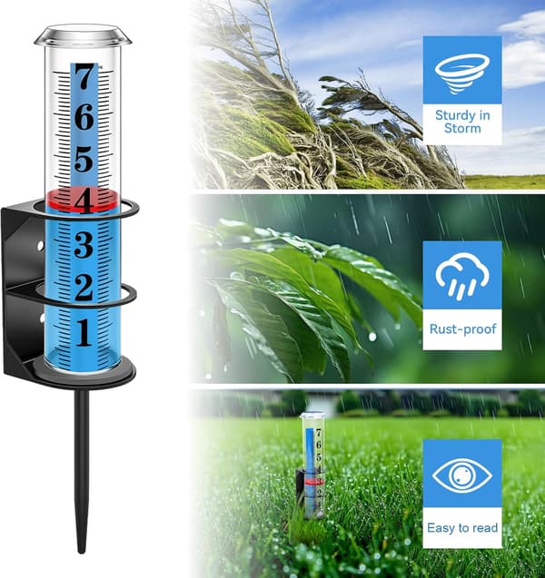 Rain gauge for garden, accurate precipitation meter with metal stand, large digits and red float