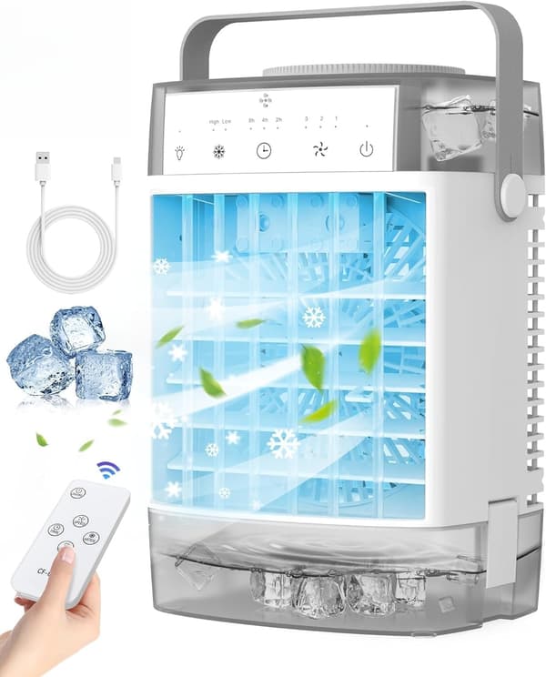 Bärbar luftkonditionering, 3-i-1 mini AC-enhet, 1000 ml vattentank, 2/4/6H timer, USB-kylfläkt för sovrum och kontor