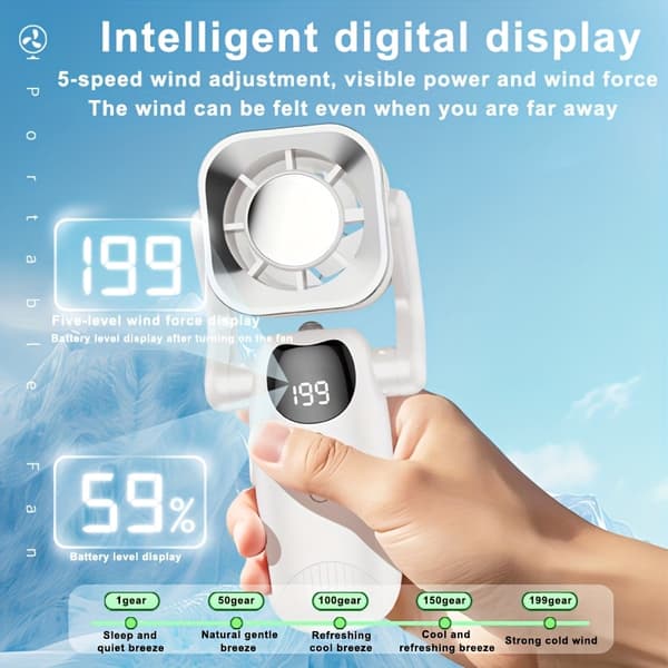 Sammenklappelig Digital Display Is-Kølende Ventilator, 4000mAh Batteri, Bærbar Ventilator til Udendørs Arbejde, Camping, Rejser & Studerende Grey