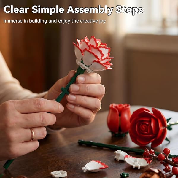 771 Pieces Building Set with Red Rose Bouquet, Building Blocks for Adults, DIY Home Decor and Romantic Gift