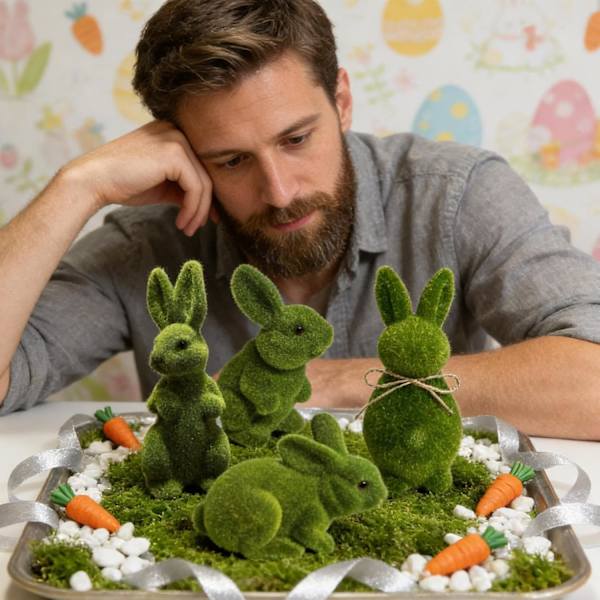 4-Pack Easter Bunny Figurines Flocked – Easter Decoration Rabbit Green, Easter Decor for Table, Shelf, Garden & Home