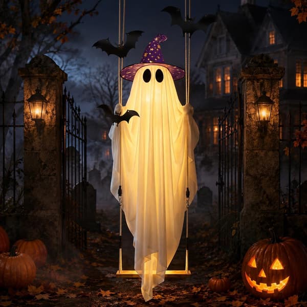Large Hanging Ghost Halloween Decoration 3.35m, LED Lights, Bats and Witch Hat, Remote Control for Outdoor Use 1.5m