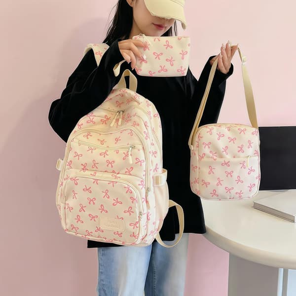 3-Piece Backpack Set with Bow, Large Daypack with Lunch Bag and Pencil Case for Work, Travel, and Everyday Use Black&White