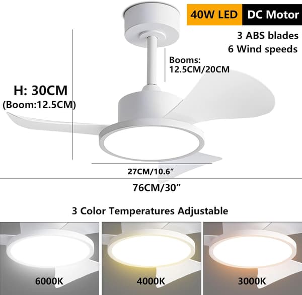 Ceiling fan with LED lighting 76 cm, 40 W, remote control and wall switch, 6 speeds, silent, 3 ABS blades White 76cm-Dual Control