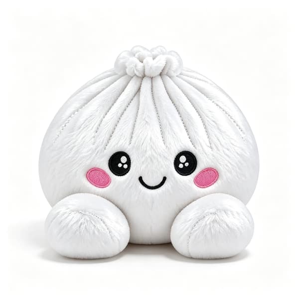 Dumpling Squishy i myk plysj, 15 cm, klemleke og fidget-leke i dumplingform med dampkoker, hvit