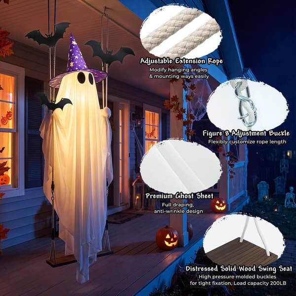 Large Hanging Ghost Halloween Decoration 3.35m, LED Lights, Bats and Witch Hat, Remote Control for Outdoor Use 1.5m