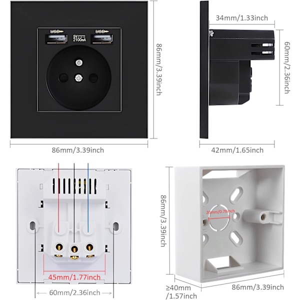 1/2/4 pcs Built-in Wall Socket with Dual USB 5V/2100mA – 2 Practical Ports, Smooth Installation 2-Pack