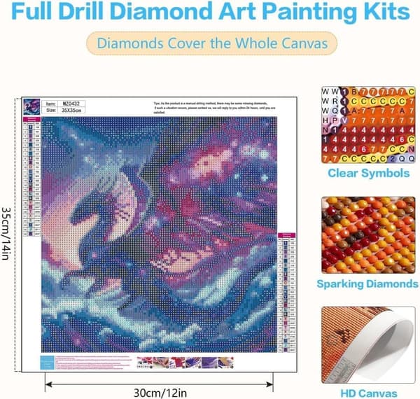 Diamantkunst: Drage Rund Full Drill DIY 35x35 cm - Gave & Interiør