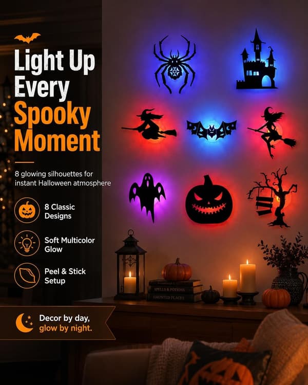 8/16/24/32/40-pack Halloween Stickers with LED, Luminous Wall and Window Decoration with Spooky Silhouettes 16pcs/2set