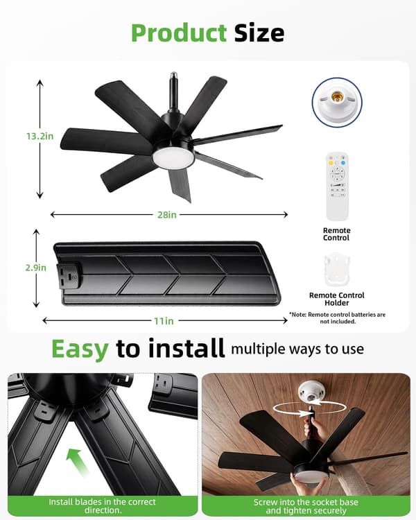 71 cm fatningsventilatorlampe, E26/E27 LED-loftventilator med fjernbetjening, dæmpbar 3000-6000K, 6 hastigheder, sort