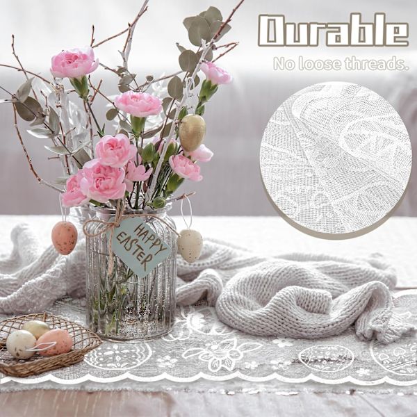 Easter Table Runner 183x33 cm - FainFun Easter Table Runner with Rabbit Motif, Spring Decoration for Dining Table Home Party White
