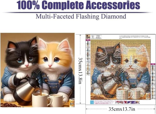 Katt & Kaffe 5D Diamantkunst - Afslappende perlemaleri, runde perler heldækkende, DIY 35x35 cm