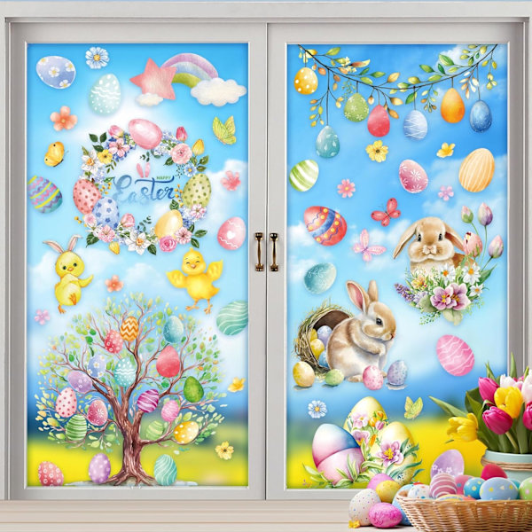 Easter Window Stickers 9 Sheets - Easter Decoration with Easter Bunny, Chick & Easter Egg Reusable Window Decoration F13