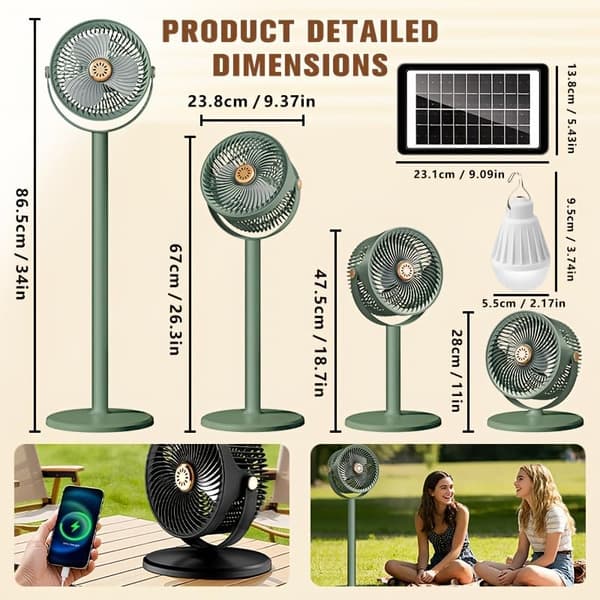 Solarventilator med panel og LED-pære, bærbar ventilator, 5 hastigheder, 360° justerbar, 4 højdeniveauer Green