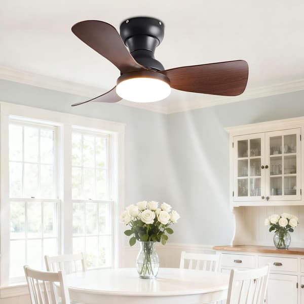 Ceiling fan with LED lighting 51/71/92 cm, 6 speeds, remote control, reversible DC motor, low profile for bedroom Black & Walnut 71cm-Wall Control