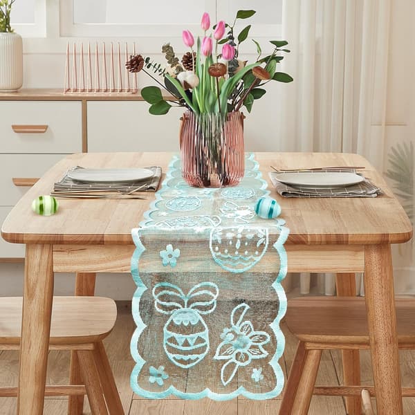 Easter Table Runner 183x33 cm - FainFun Easter Table Runner with Rabbit Motif, Spring Decoration for Dining Table Home Party Blue