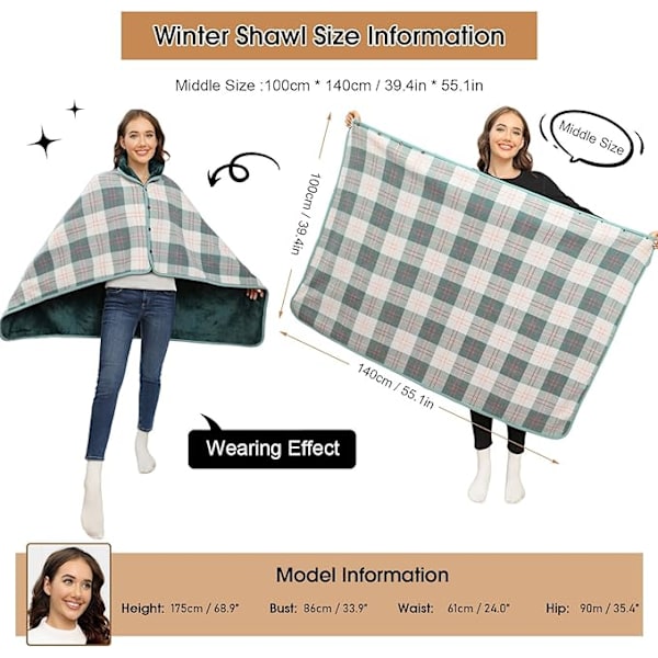 1 st kvinnors fleece poncho rutig fleece sjal cape (Pliad grön)