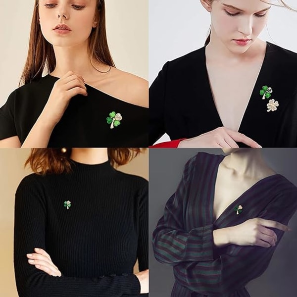 4 stk. Firkløver Brosje Pin Grønn Rhinestone Brosje Legering C