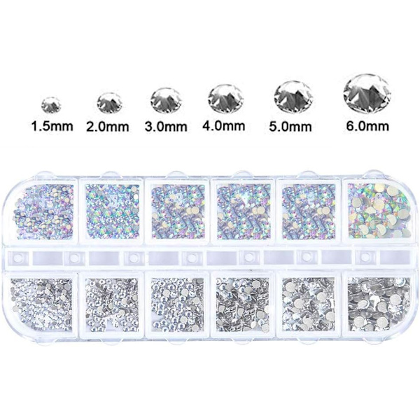 1440 stk 6 størrelser Nail Art Rhinestones, Flat Back Round Crystal