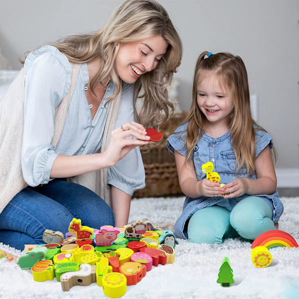 Puinen helmipeli, Montessori-peli 42 kappaletta eläimiä ja hedelmiä,