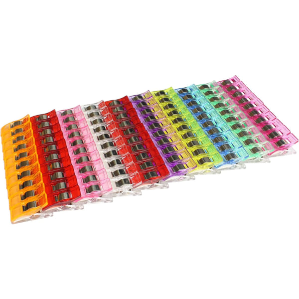 100 klips i plast for binding, søm og håndverk i assorterte farger