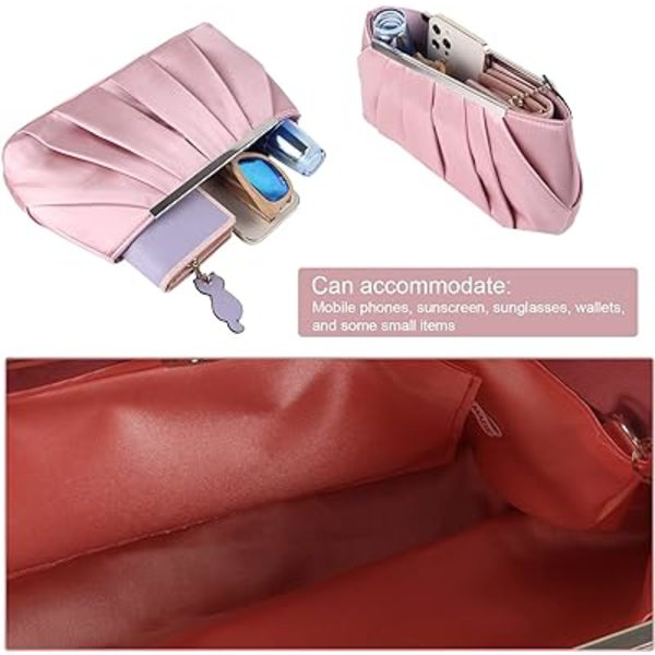 Rosé Satin Aftenveske for Kvinner Elegant Plissert Satin Aftenveske i PU