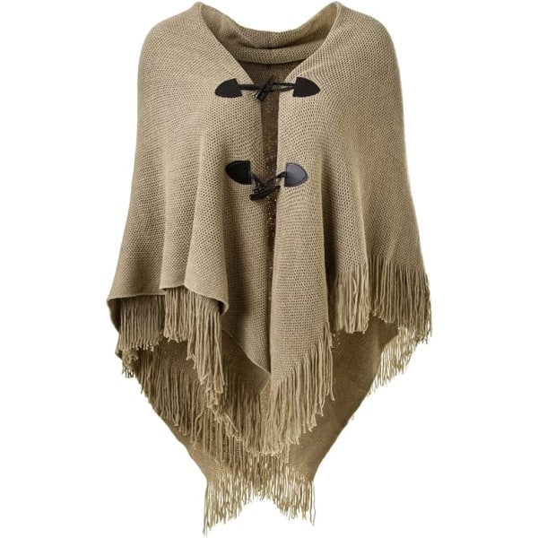 Elegant varm sjal Poncho för kvinnor (khaki) öppen framsida med fransar