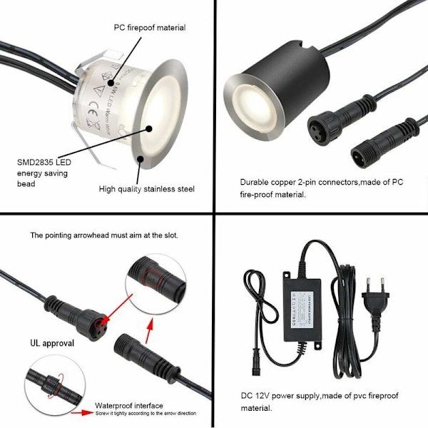 Set med 16 utendørs LED-innfelte spotlights, IP67 vanntett, Ø 32m